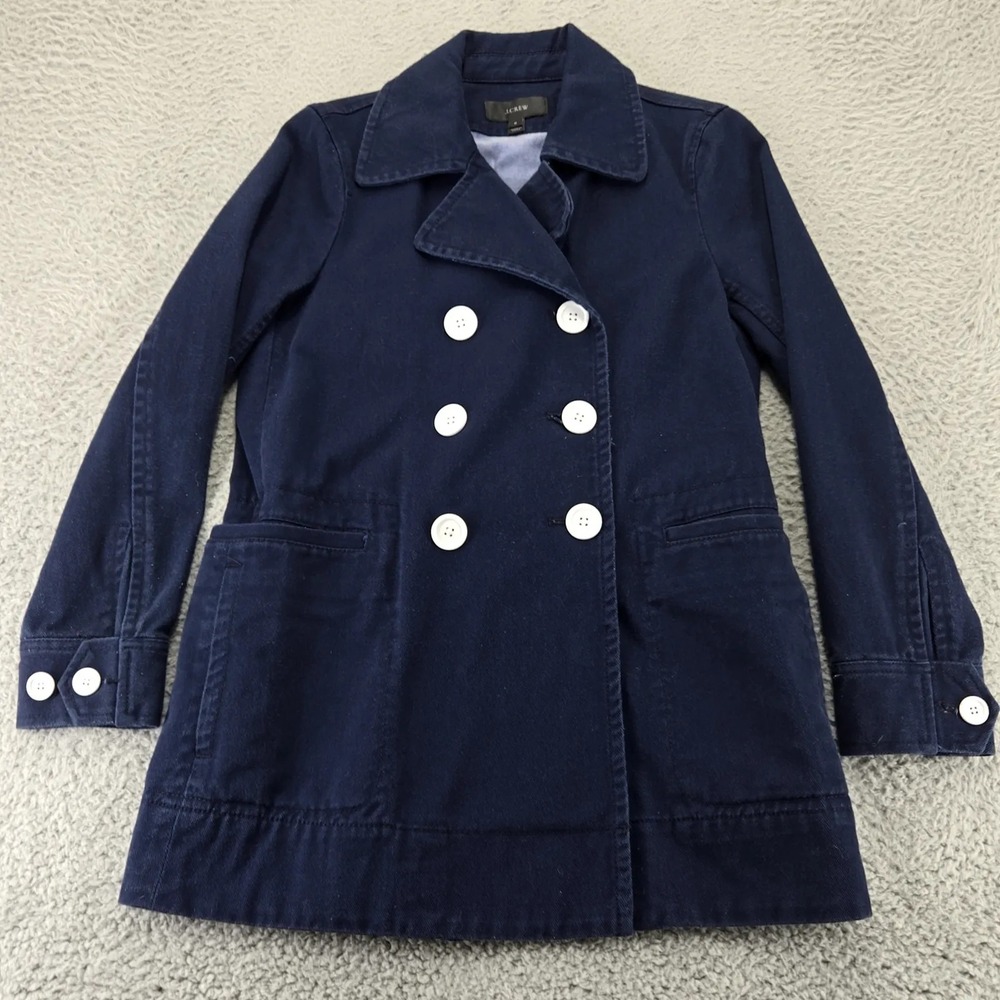 J.Crew Jacket Womens 0 Blue Twill Double Breasted Pea Coat Long Sleeve Classic
